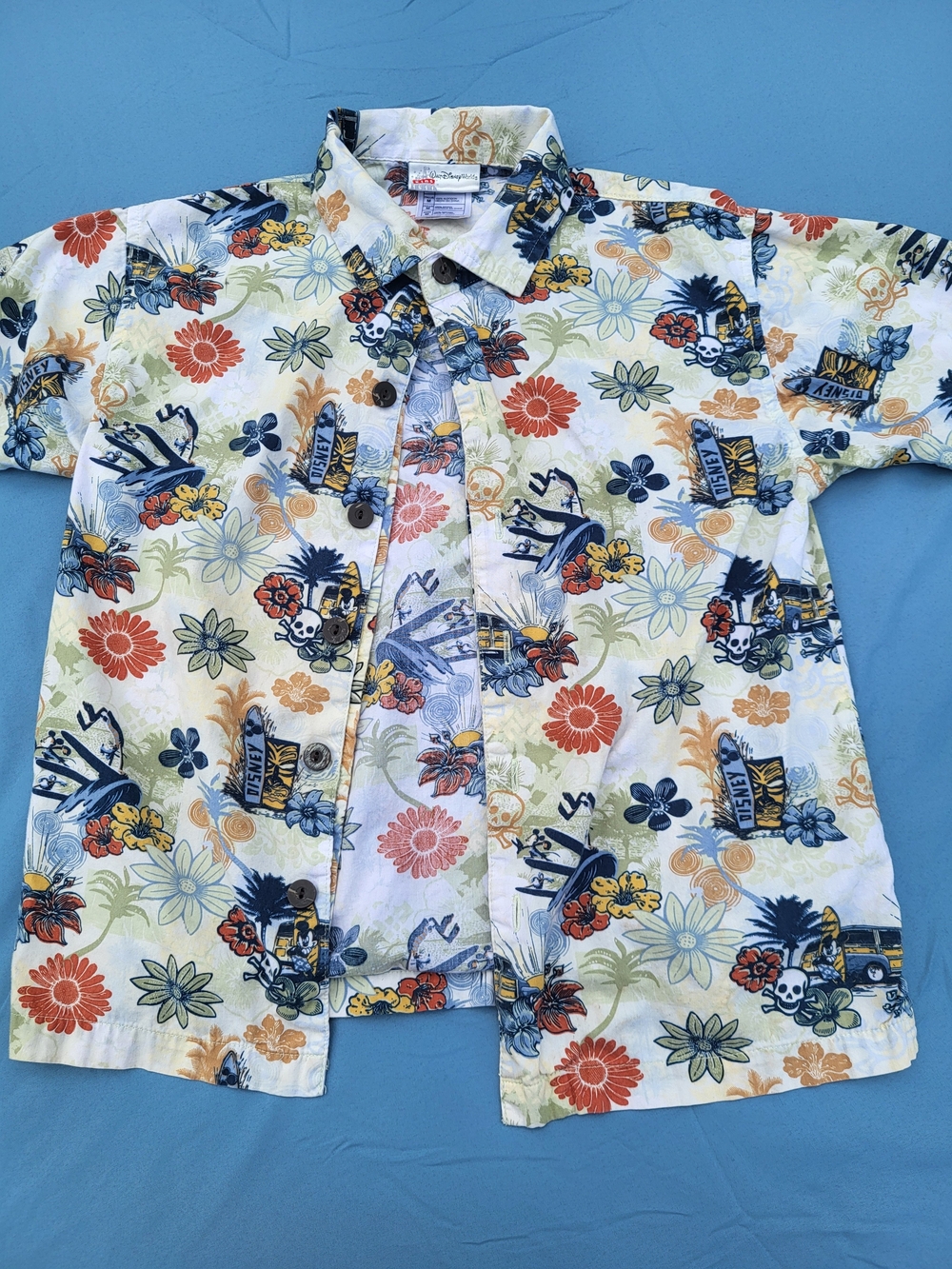 Y2k Disney Boy White Button-Down Shirt with Blue, Orange and Yellow Floral Print